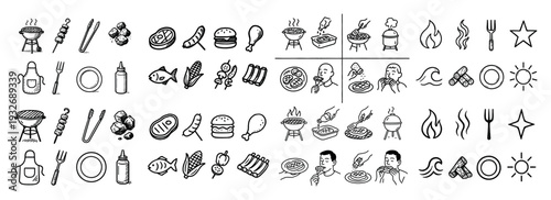 Bbq icons with grill burger skewer outline