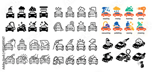 Car wash icons with car foam brush colorful