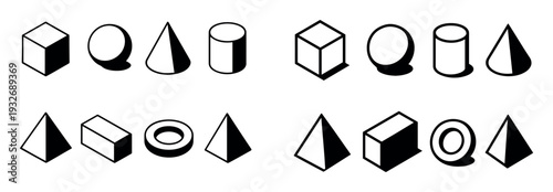 Geometry icons with cube sphere cone simple outline