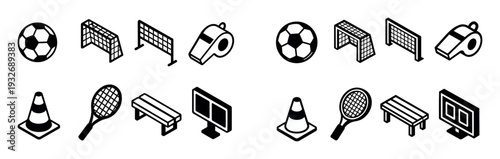 Sports icons with ball net whistle outline