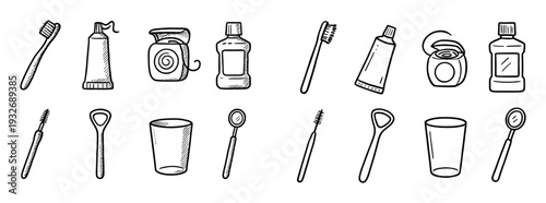 Hygiene icons with toothbrush toothpaste and cup outline