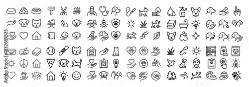 Pet care icons with paw bowl heart minimal
