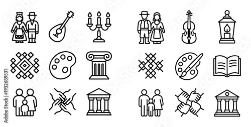 Culture icons with musician instrument palette outline