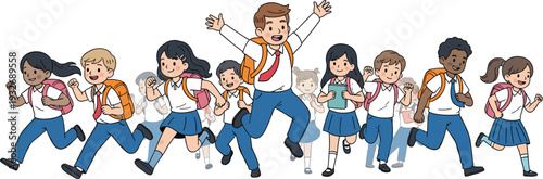 Happy school children running with teacher, joyful classroom vector illustration of students in uniform carrying backpacks, education clipart collection flavector