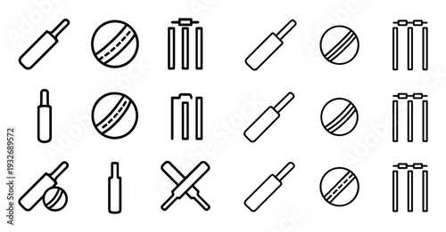 Cricket icons with bat ball wickets outline
