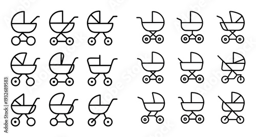 Baby icons with pram stroller outline