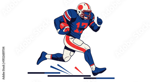 Illustration of a football player in blue, red, and white uniform, running with the football, giving a thumbs up on a white background. Great for sports, action, and team spirit themes.