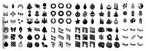 Holiday icons with wreath gift tree festive