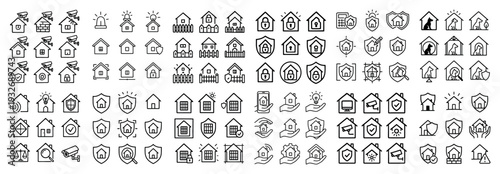 Home icons with house shield security outline