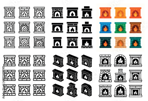 Home icons with fireplace and mantel colorful