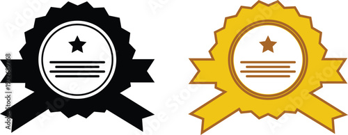 Black and gold premium quality assurance badge set with stars and ribbons for certification and award vector design