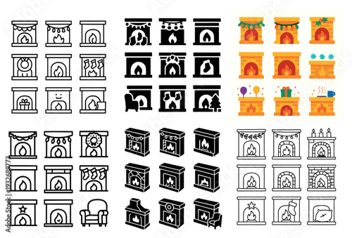 Fireplace icons with mantel fire wreath colorful