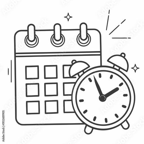 Calendar with alarm clock icon, event reminder, deadline notification, time management symbol, schedule planning illustration