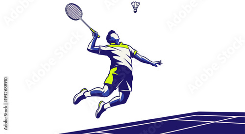 Vector illustration of a badminton player smashing the shuttlecock while jumping on the court, rendered in a sporty, dynamic style with bold blue and green color accents.