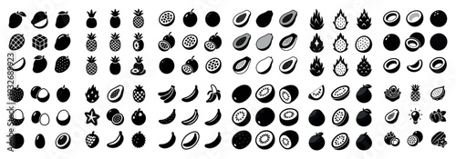 Fruit icons with banana pineapple avocado flat