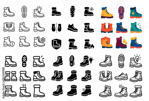 Footwear icons with boot sole snowflake outline
