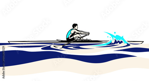 Illustration of a rower in a scull on stylized waves with water splashing, creating a dynamic and clean graphic suitable for sports or activity themed designs.
