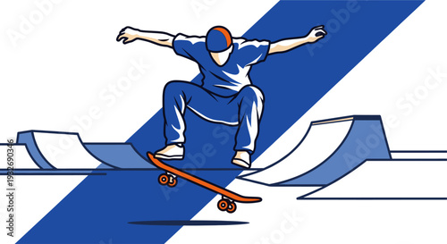 A vector illustration featuring a skateboarder in blue attire jumping in the air with an orange skateboard at a skate park, stylized with white and blue shapes.