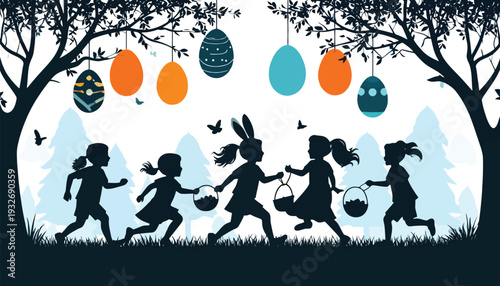 Children silhouette celebrating easter egg hunt in forest with hanging decorated eggs.