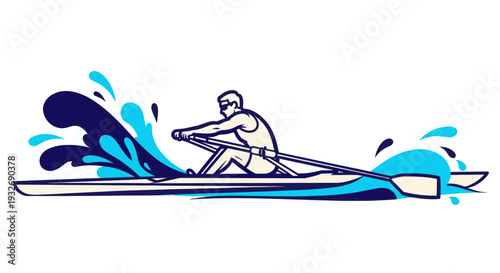 Strong rower depicted in action, propelling his boat through water with oars, creating a dynamic splash effect, perfect for illustrating sports or athletic themes.