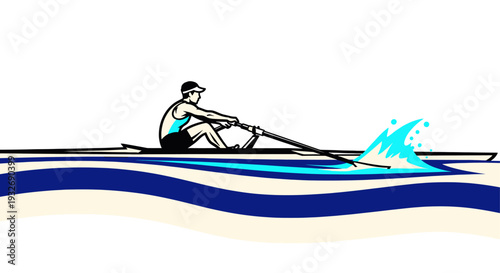 Graphic illustration depicting a rower propelling their boat forward, creating splashes in the blue water, symbolizing effort and achievement.