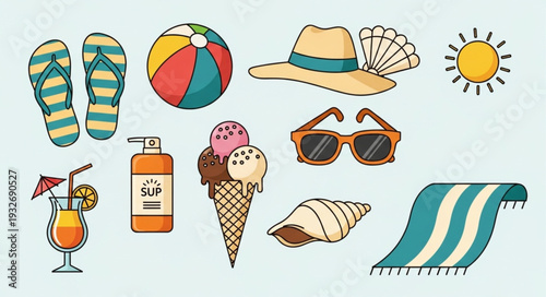 Collection of summer vacation items, including beach accessories and refreshing drinks, perfect for a sunny day.