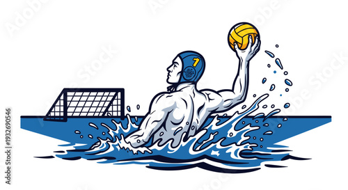 Illustration of a water polo player in action, throwing a yellow ball towards the goal, surrounded by splashing water, conveying a sense of competition and athleticism.