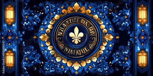 Regal golden fleur-de-lis medallion set in a deep blue baroque floral frame with glowing amber lanterns, ornate filigree and luxurious illuminated symmetry