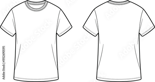 White t- shirt with short sleeves and ribbed cuffs and collar shown from front and back view t-shirt