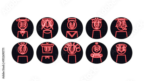 Professional neon style set icon collection for glowing web design. Red light vector avatars of doctor, chef, sailor, graduate and nurse characters on dark background with grid effect.