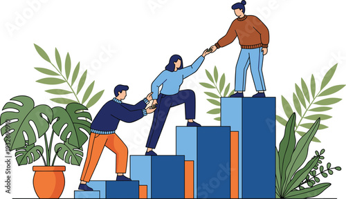 Teamwork support illustration, people helping each other climb, growth progress concept, leadership guidance, cooperation success, business development, motivation, flavector