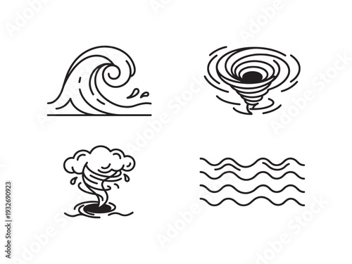 Set of four simple line art icons representing natural disasters and weather phenomena
