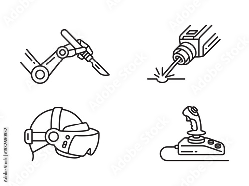 Set of icons representing advanced technology in medicine, gaming, and industry