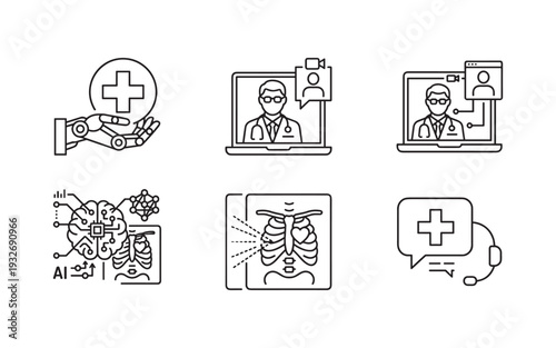 Digital healthcare icons: AI, telemedicine, radiology, and robotic assistance in medicine