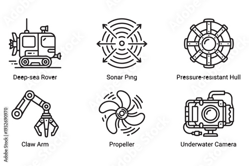 Underwater Exploration, Deep-Sea Rover and Oceanographic Research Minimalist Mono-line Icon Set Vector Illustration