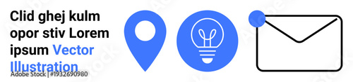 Navigation systems, communication tools, email services, creativity, digital connection, business solutions. Blue location pin, light bulb and envelope icon. Navigation systems and communication