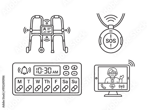 Smart senior care technology icons: walker, SOS pendant, pill organizer, and video call