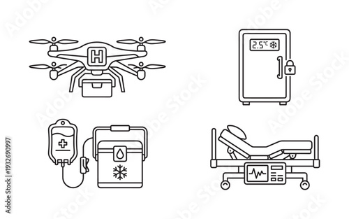 Medical drone delivery, refrigerated storage, blood transfusion, and hospital bed icons