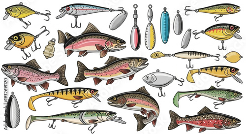 Collection of various fishing lures and different fish species, a detailed illustration.