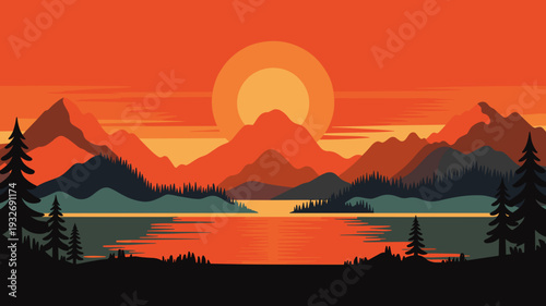 vector illustration of mountain lake with pine trees and large sun at sunset
