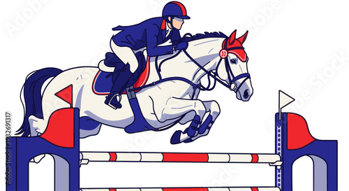 Colorful illustration of a horse and rider show jumping over an obstacle. Features bold red and blue lines and flat vector design, suited for sports themed designs.