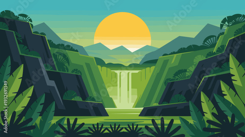 vector illustration of mountain valley with waterfall and large sun over green cliffs, Scenic nature landscape background