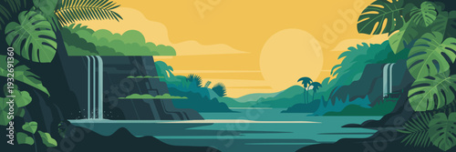 vector illustration of tropical jungle waterfall with lush green foliage and river at sunset, Exotic rainforest landscape background