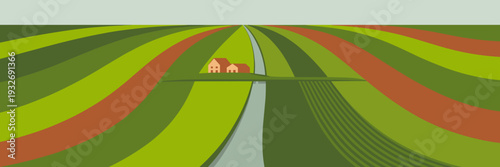rural farmland with striped crop fields and small farmhouse on rolling hills, Scenic agricultural countryside landscape background