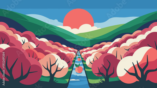 vector illustration of colorful autumn valley with river flowing between red trees and green mountains at sunset, Scenic seasonal landscape background