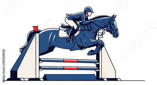 An illustration of a horse and rider jumping over an obstacle in a show jumping competition, set against a white background with blue accents and clean lines.
