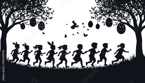 Silhouette of happy children running in an easter egg hunt between two trees with hanging decorated eggs and flying butterflies and bunnies.