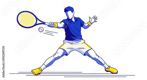 Vector illustration of a tennis player in action, striking a ball with a racket on a white background; graphic style with blue, yellow, and white color palette.