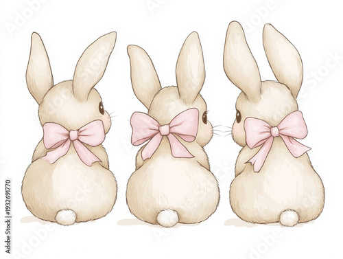 Cute bunny rabbit three pastel bow pink fluffy tail back view animal cartoon illustration cute Easter spring holiday celebration decoration nursery child girl soft fur white adorable character