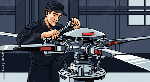 Illustration of a mechanic wearing overalls and a cap using a wrench to repair a helicopter rotor in a hangar, with detailed lines and a serious, focused mood.